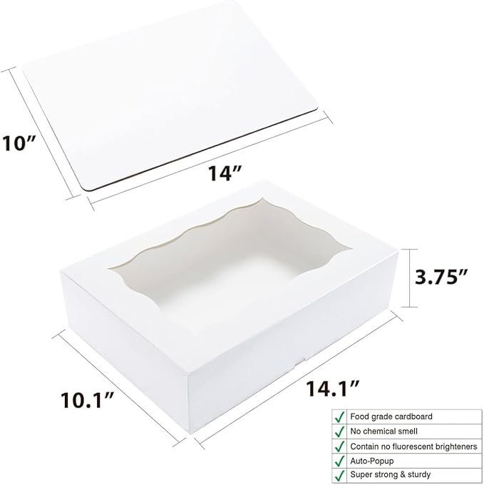 15 Pack 14x10x3.75 Inch Auto-Popup Large Rectangle Cake Boxes with Cake Boards, White Bakery Boxes for Quarter Sheet Cakes,Cupcakes, Brownie,Pie & Donuts