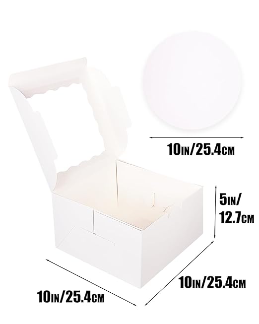qiqee 10x10x5 Cake Box, 4 Sets White Cake Box with Window ＆ 4 Sets 10" White Cake Round Boards, 10inch Cake Containers