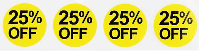 InStockLabels 25% Yellow Stickers for Retail, 500 Labels per Roll, 3/4" Round – Stickers for Promotion & Inventory Event, Easy Peel Tags, Semi-Gloss Adhesive, Apparel-Safe, Residue-Free
