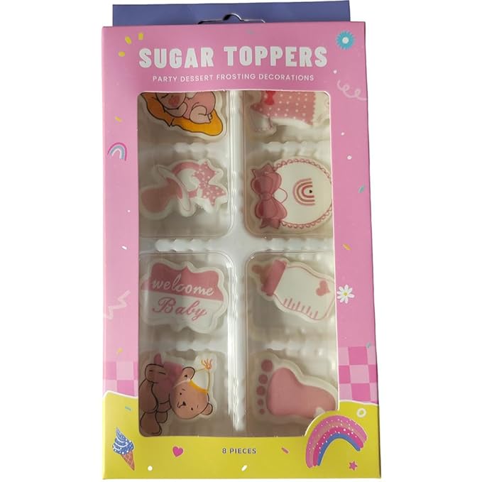 Edible 8pcs Pink Girls Baby Showers Themed Cake Decorations Dessert Sugar Sprinkles Party Cookie DIY Cake Cupcake Topper Icing Frosting Decoration Holiday Supplies
