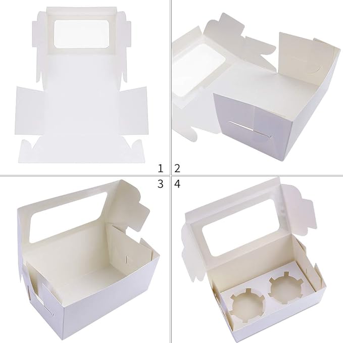PRALB 50Pack White Paper Cupcake Boxes with Pvc Window and Two Treat Holder, Pastry and Cookie Box,Cupcake Containers Bakery Cake Box,Auto-Popup Cupcake Carriers Bakery Cake Box(6.3x3.5x3inch)