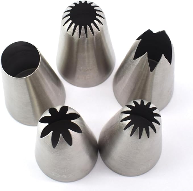 5 Pack Stainless Steel Seamless Piping Icing Tips 1M 1A D66 D42 6B, Large Piping Nozzle, Cake Decorating Tools for Cupcake Baker
