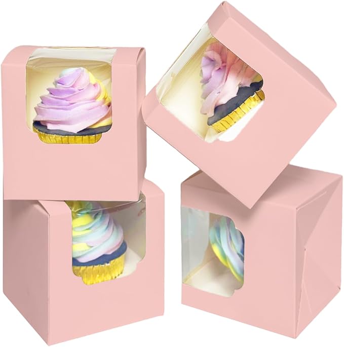 Bakepacker Auto-pop up Cupcake Boxes 30-Packs Individual Cupcake Container Pink 3.5" x 3.5" x 3.5" Single Cupcake Boxes