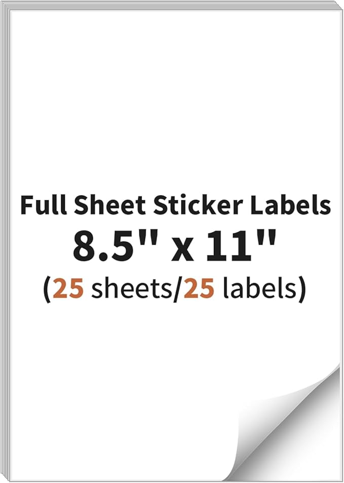 Full Sheet Sticker Labels, 8.5" x 11", 25 Sheets, 25 Labels, White Matte Paper, Compatible with Inkjet & Laser Printers