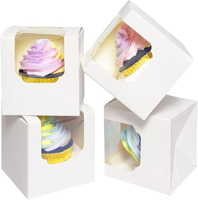 Bakepacker Auto-pop up Cupcake Boxes 100-Packs Individual Cupcake Container White 3.5" x 3.5" x 3.5" Single Cupcake Boxes