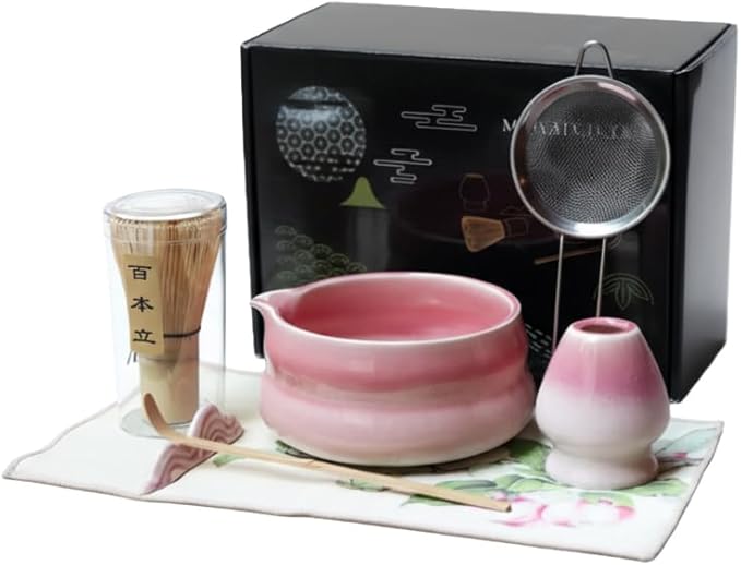 Matcha Whisk Set, 7 Pcs Kit Includes Ceramic Bowl, Traditional Bamboo Whisk and Holder, Scoop, Scoop Rest, Sifter and Tea Towel - Perfect for Matcha Lovers and as gifts (Suntset Pink)