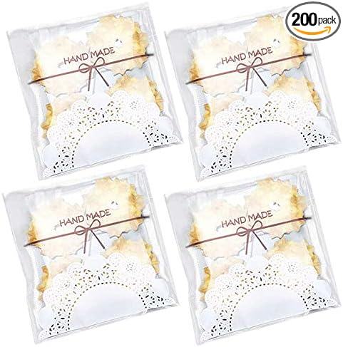 200pcs 5.5x5.5in Lovely Lace Bowknot Clear Biscuit Roasting Treat Present DIY Plastic Candy Individual Wrappers Self Adhesive OPP Cookie Bakery Decorating Favor Bags
