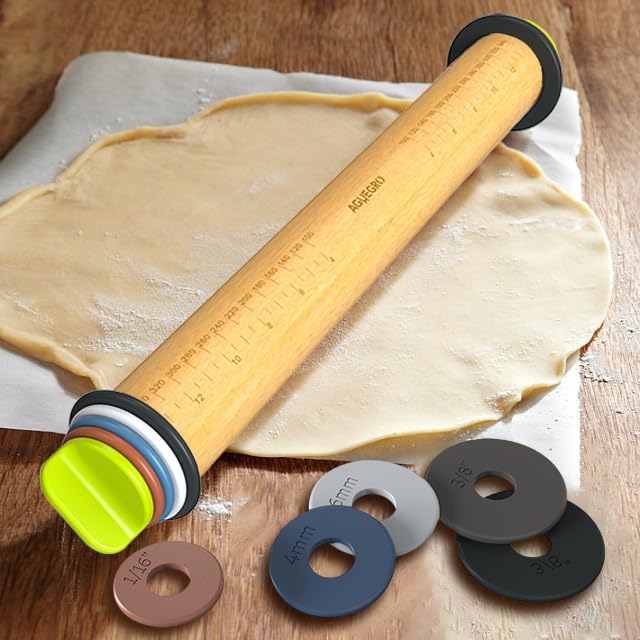 Rolling Pin with Adjustable Thickness Rings and Pastry Baking Mat Dough Thickness for Baking, Fondant, Pizza, Pie, Cookies, Pastries, 13.6" with 4 Multi-Color Thickness Rings and Wooden Stand