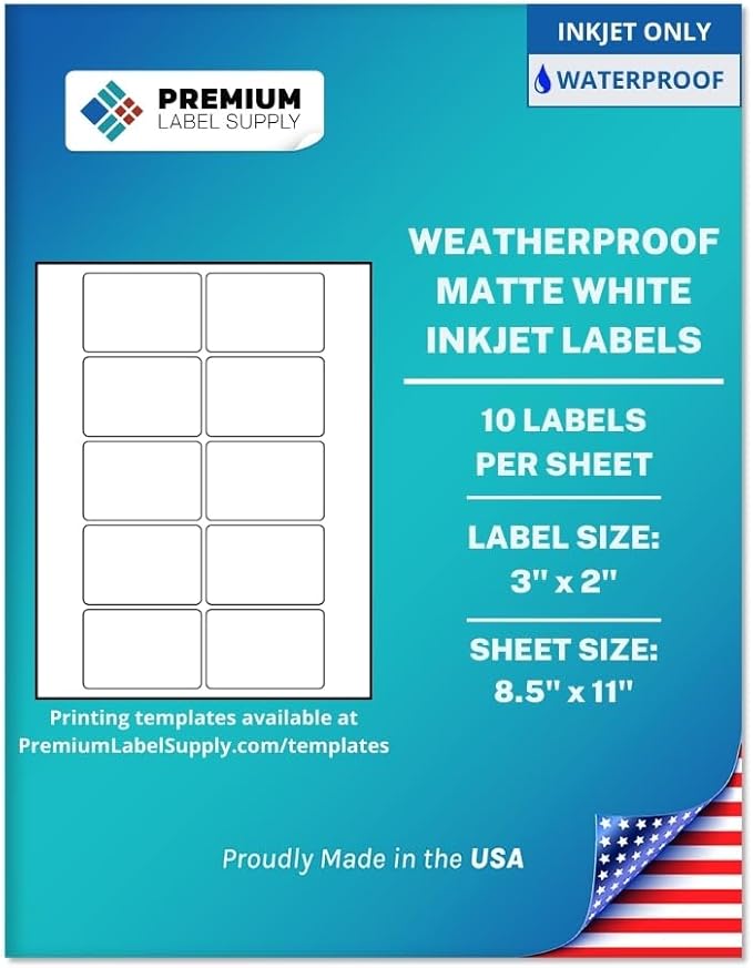 Premium Label Supply Waterproof Matte White Sticker Labels – 3" x 2" – Inkjet Printers Only – (10 per Sheet), 25 Sheets - 250 Total Adhesive Labels