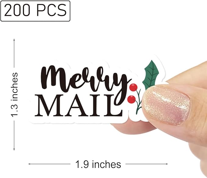 Wailozco 200 PCS Merry Mail Stickers,Cute Small Business Envelopes Stickers for Business Packages/Handmade Goods/Bags ,Christmas Theme Small Shop Business Stickers for Envelopes Seals