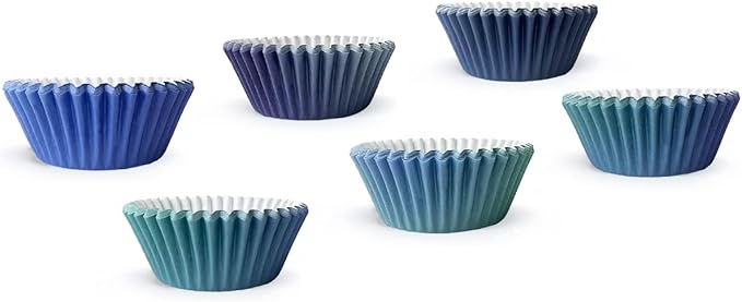 qiqee 300PCS Mini Gradient Cupcake Liners Cupcake Cups 6 Designs Blue Gradient Cupcake Papers Baking Cups Cupcake Wrappers (Small Size)