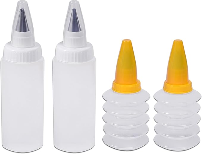 Icing Bottles with Stainless Steel Icing Tips (4 pcs) - Foldable & Unicolored Bottles, Cake Decorating Kit with 3 Piping Tips, White, Yellow