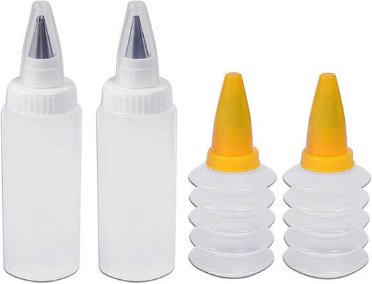 Icing Bottles with Stainless Steel Icing Tips (4 pcs) - Foldable & Unicolored Bottles, Cake Decorating Kit with 3 Piping Tips, White, Yellow