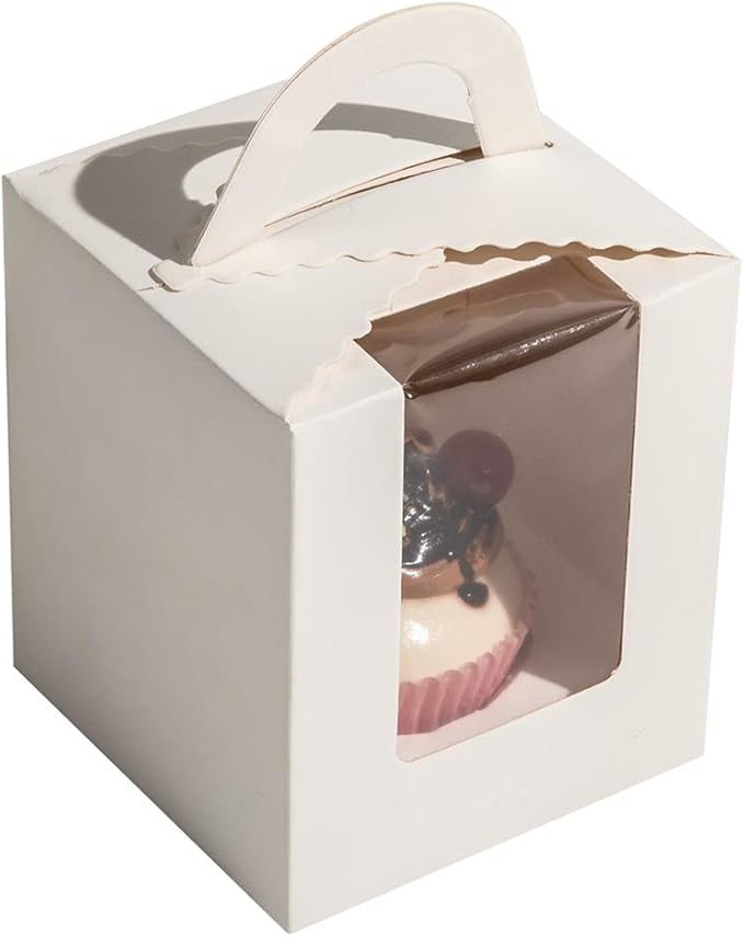 ihomecooker 25 Pcs Single White Cupcakes Containers Gift Boxes with Window Inserts Handle for Wedding Candy Boxes (25P-Handle-White)