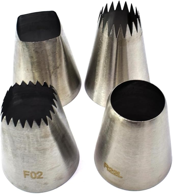 4 Pack Stainless Steel Seamless Piping Icing Tips FO2 FO6 9FT R22L, Large Piping Nozzle, Cake Decorating Tools for Cupcake Baker