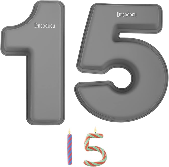 Ducodocu Silicone Number Cake Pan Large 3D Number Cake Mold Baking Forms Novel Cake Tins DIY Baking Mold for 15/51th Birthday Wedding Anniversary 10 inch Number of 1&5, 2 Pack