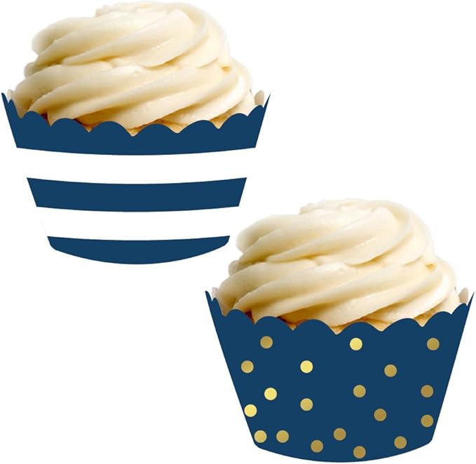 Andaz Press Party Cupcake Wrapper Decorations, Navy Blue Stripes and Metallic Gold Ink Polka Dots, 24-Pack, Theme Colored Bulk Cake Supplies