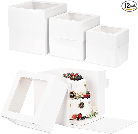 Moretoes 12 Pcs Cake Box, Tall Cake Boxes with Window in 3 Sizes 12x12x12 10x10x10 8x8x8 Inches, Bakery Boxes Disposable Carrier Take Out Container, 2 or 3 Tier for Valentine's Day Mother's Day