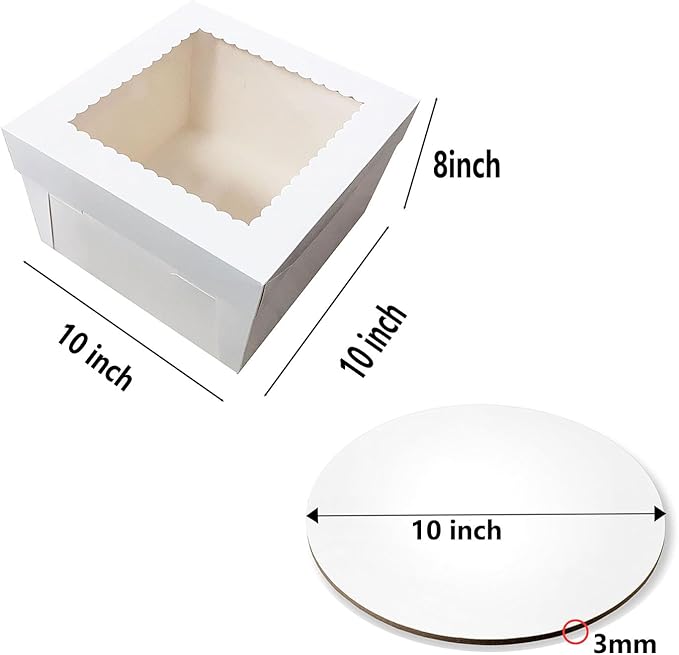 YYaaloa 10x10x8 Cake Boxes with Boards Sets 10 Inch with Window Clear Bakery Dessert Box Square White Disposable Bakery Box for Cakes Pastries Chocolates Cookies Pie Birthday Party Wedding (6)