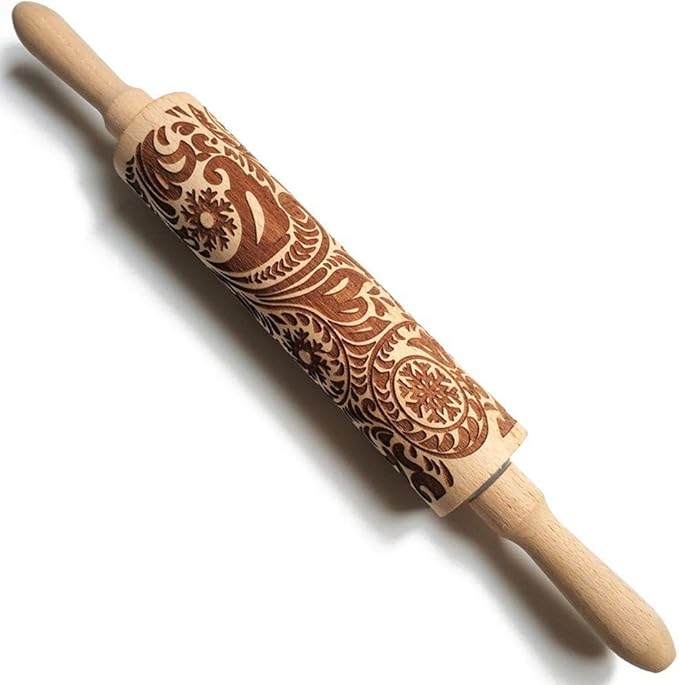 Embossed Rolling Pins Christmas Rolling Pin,3D Paisley Pattern Flower Snowflake Rattan Wooden Roll Pin Laser Engraved Rolling Pin DIY Tool for Kids and Adults to Make Cookie Dough