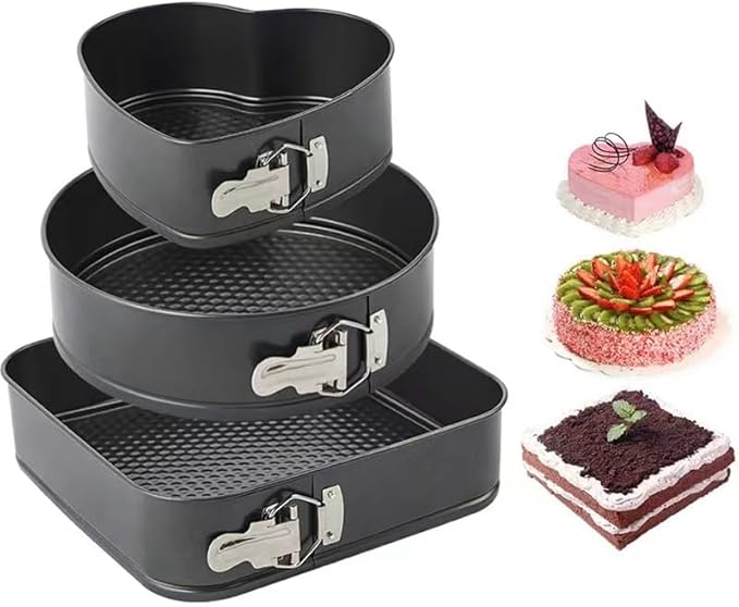 Kitchen Tool Cake Baking Supplies Non-stick Removable Bottom Springform Cake Pan Tin Baking Heart Cake Mold Leak proof and high temperature resistant Square roud Heart cake Pans Set of 3