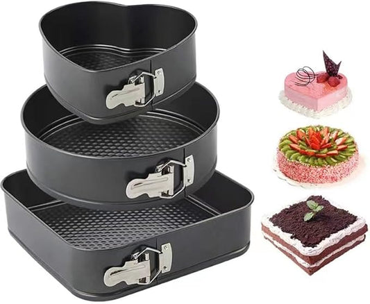 Kitchen Tool Cake Baking Supplies Non-stick Removable Bottom Springform Cake Pan Tin Baking Heart Cake Mold Leak proof and high temperature resistant Square roud Heart cake Pans Set of 3