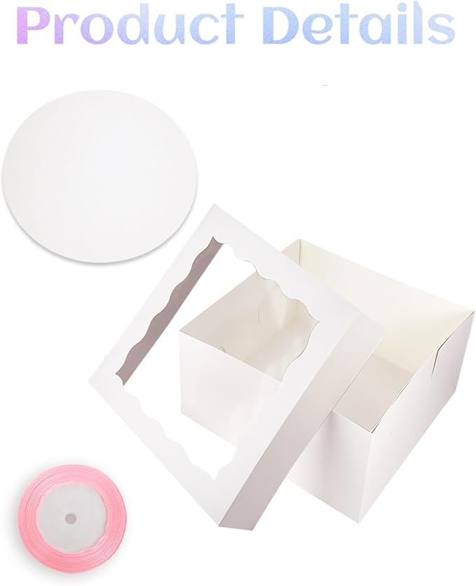 Bakepacker 36pcs 12x12x8 inch Cake Boxes with Window - 18 Packs White Cake Boxes & Boards + 10 Meters Silk Ribbon