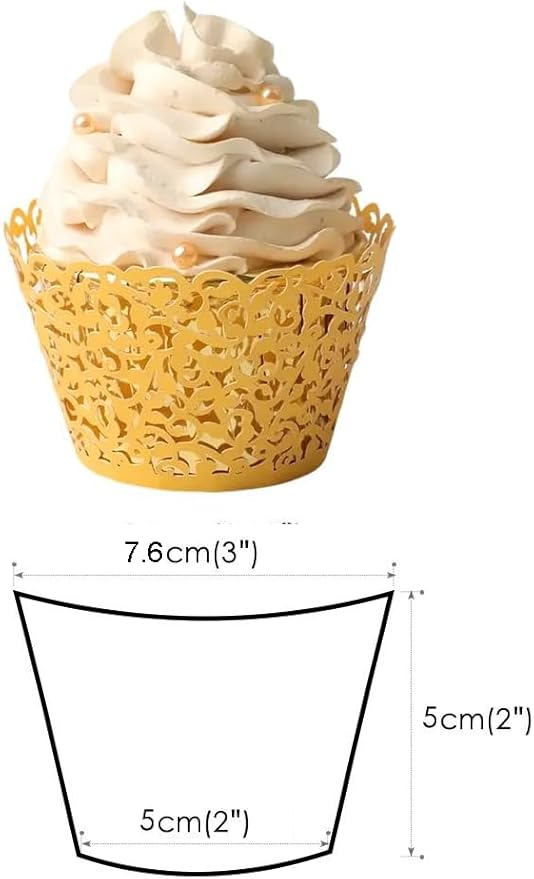 100pcs Yellow-Gold Cupcake Wrappers Artistic Bake Cake Paper Cups Little Vine Lace Laser Cut Liner Baking Cup Muffin Case Trays for Wedding Party Birthday Decoration (Gold)