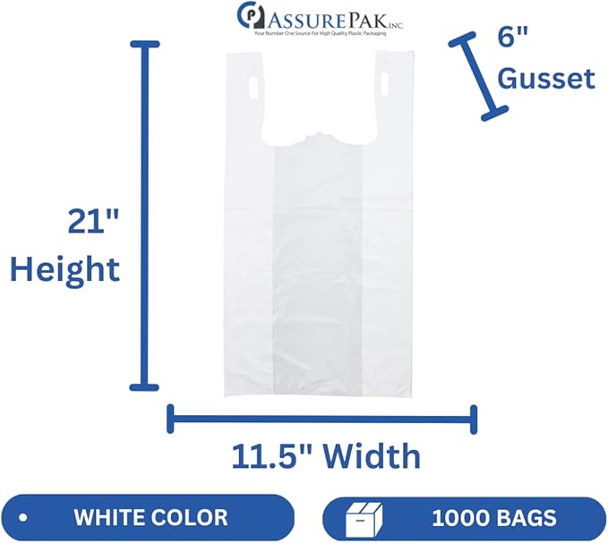 ASSUREPAK White Unprinted HDPE T-Shirt Bags - 1000 Units - 1/6 BBL 11.5"X6"X21" -13 microns - White - Perfect for Groceries, Shopping, Boutique Bags and Retail Stores - LOOP-WHITE-EO