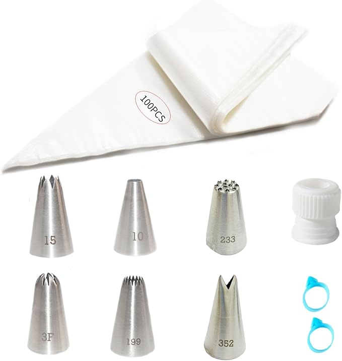 Piping Bags and Tips Set,109pcs Cake Decorating Kit with 100pcs Disposable Icing Pastry Bags, 6 Different Icing Bags Tips, 1 Piping Bag Coupler and 2 Frosting Bags Ties