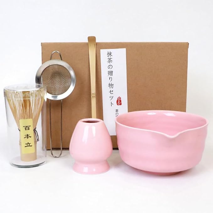 Matcha Whisk Set, Pink Matcha Kit Set with Bowl, Whisk, Bamboo Scoop, Scoop Rest, Sifter - 5 Pcs Matcha Kit for Lover
