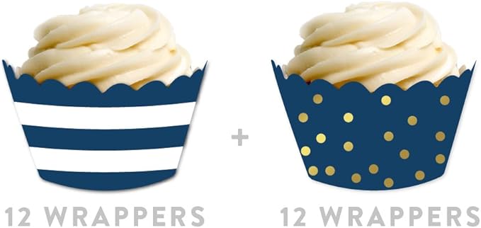 Andaz Press Party Cupcake Wrapper Decorations, Navy Blue Stripes and Metallic Gold Ink Polka Dots, 24-Pack, Theme Colored Bulk Cake Supplies