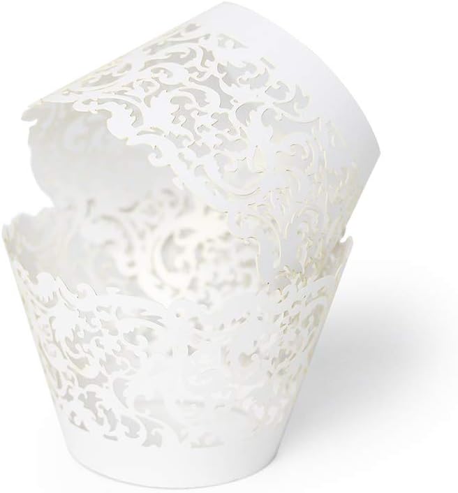 YOZATIA 60 White Vine Lace Cupcake Wrapper, Laser Cut Cupcake Liners for Weddings Birthdays Tea Parties and any Special Event- White