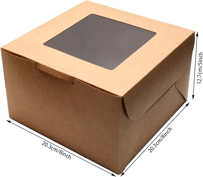 10Packs 8x8x5 Inches Brown Kraft Cake Boxes with Window, Gift Packing, Bakery Boxes, Dessert, Pastry, Cupcake, Pie Cookies, With Stickers,66 FT Twine