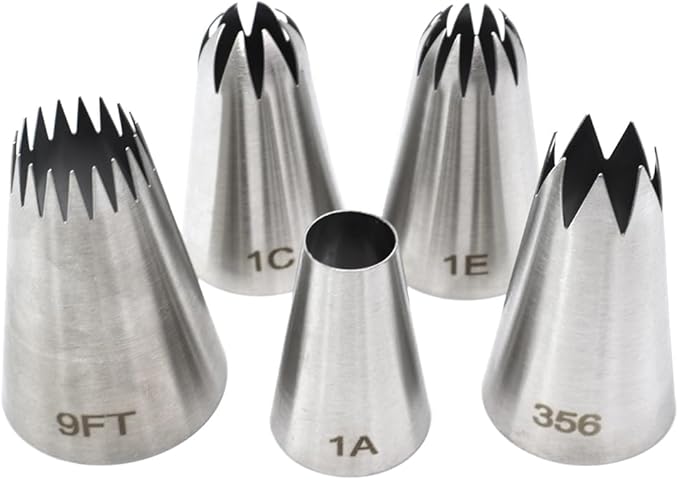 Large Piping Tips, 1C 1E 1A 356 9FT 5Pcs Stainless Steel Seamless Icing Piping Tips Set for Cupcakes Cake Decoration and Baking