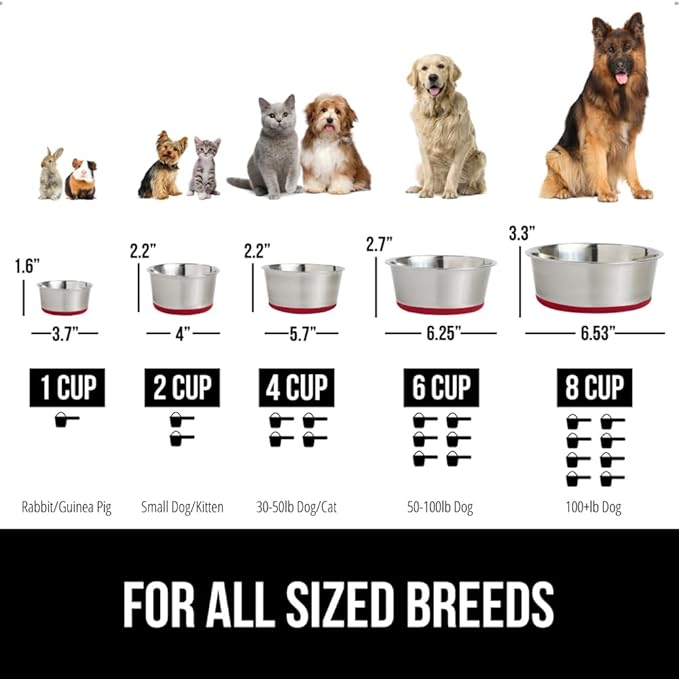 GORILLA GRIP Set of 2 Dog Bowls, Holds 8 Cups (64 fl oz), Heavy Duty Metal Food and Water Bowl for Feeding Dogs and Cats, Dishwasher Safe, Rust Resistant Stainless Steel, BPA Free Rubber Base, Red