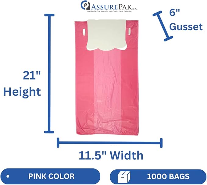 ASSUREPAK Pink HDPE T-Shirt Plastic Bags for Retail, Groceries, Merchandise, Convenience Store, Supermarket, Restaurant - 1/6 BBL, 11.5"X6"X21" - Pack of 1000 Bags, 13 Microns - Unprinted (Pink)