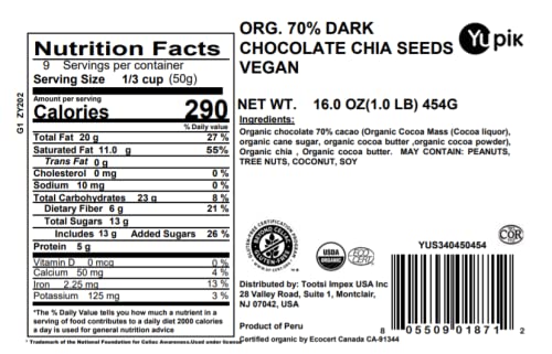 Yupik Organic Dark Chocolate Covered Chia Seeds, 70% Cacao, 1 lb (16 oz), Gluten-Free, GMO-Free, Kosher, Vegan, Chia Coated in Dark Chocolate, Smooth & Crunchy, Healthy Snacks, For Baking & Topping