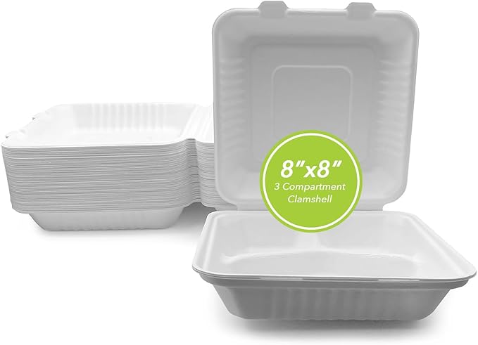 three leaf 8" x 8" 3 COMPARTMENT BAGASSE CLAMSHELL, 50 Ct. Heavy-Duty- Super Strong- Natural- Eco-Friendly Disposable Bagasse Clamshell, 100% Biodegradable 8 inch clamshell
