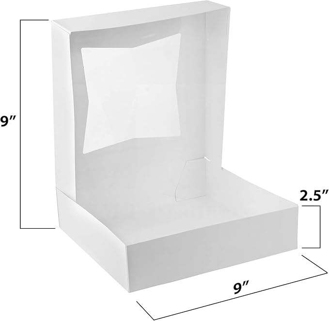 MT Products White Bakery Pie Boxes 9" x 9" x 2.5" - Auto Pop-Up Windowed Bakery Boxes (Pack of 15) - Made in the USA