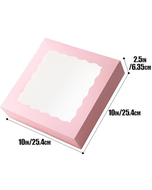 qiqee 10x10x2.5 Inch Pink Pie Boxes with Window 12Packs Cookie Donut Bakery Box (Auto-pop Up)