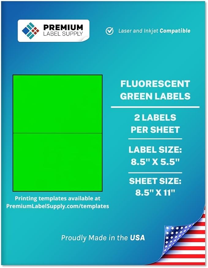 Premium Label Supply Bright Neon Color Fluorescent Sticker Labels - 8.5" x 5.5" Half Sheet Labels - (Fluorescent Green, 200 Labels)