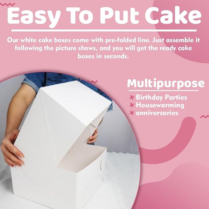 JBR & JM 5-Pack White Cake Boxes with Window - 10x10x5 Inches, Disposable Bakery Box for Cakes, Pastries, Desserts, Cookies - Square Cake Containers for Birthday Parties and Weddings