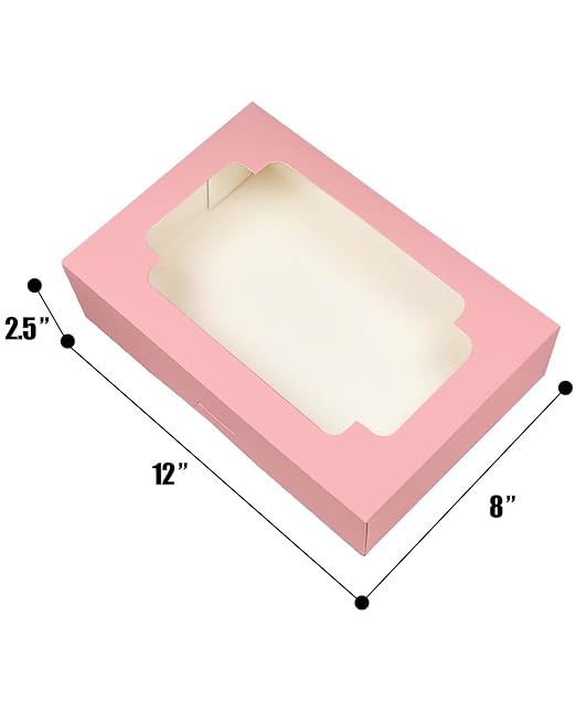 qiqee Auto-pop up Pink Cookie Box with Window 12x8x2.5 inch 18 Packs Two Uses One Second Folding Pastry Biscuit Bakery Box for Packaging
