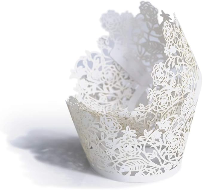 YOZATIA 60pcs White Rose Lace Cupcake Wrappers Holders, Laser Cut Cupcake Liners Decorative Liners for Wedding Party Birthday Cake Decoration Supplies