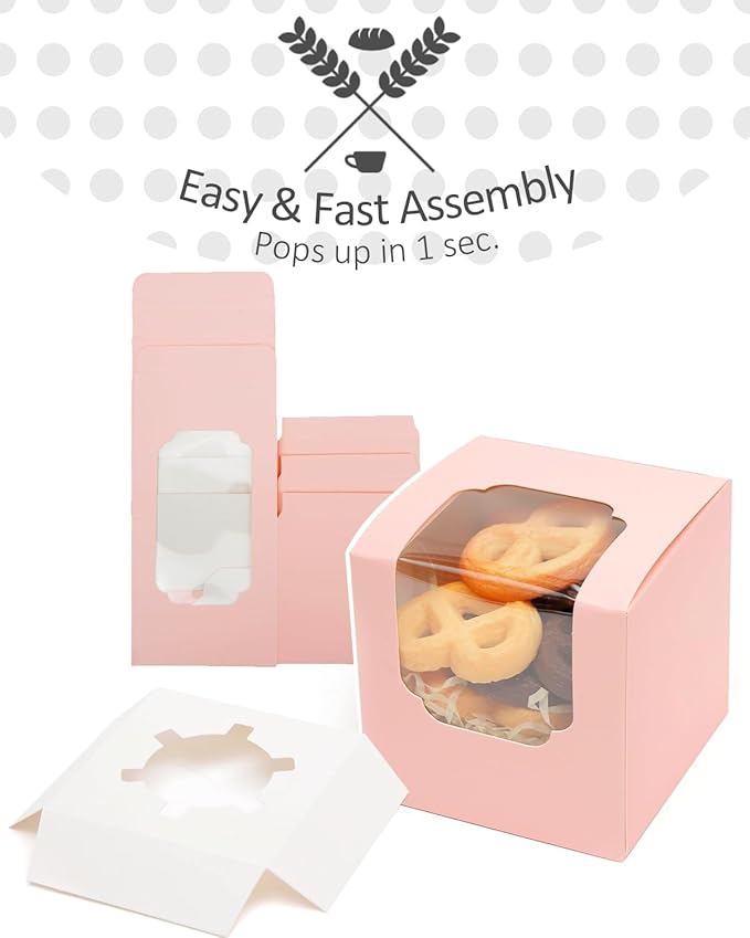 qiqee Pink Cupcake Boxes Individual 100 Packs 3.5x 3.5x 3.5 Auto-Popup Single Cupcake Carrier for Wedding Favor Birthday ＆ Party