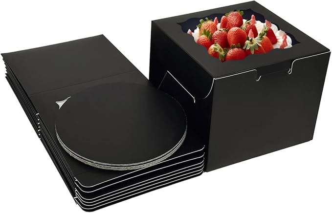 Bakepacker 36pcs 8x8x5 Inches Cake Boxes with Window 18-Packs Black Cake Boxes 8 Inch Bakery Boxes (18 Cake Boxes +18 Cake Boards Included)