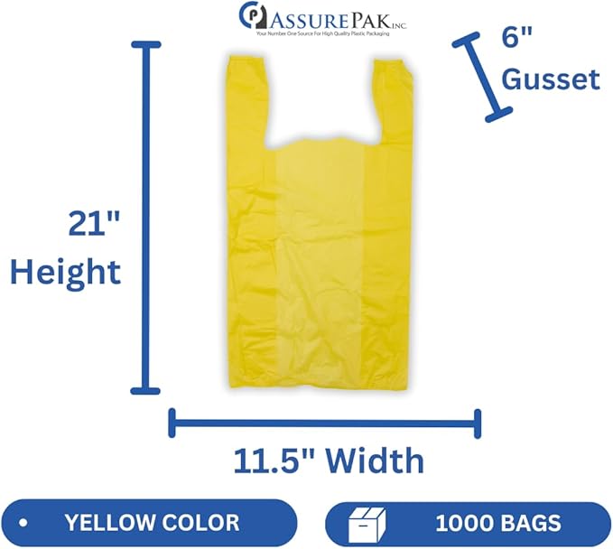 ASSUREPAK 1000 Bags - Colored Unprinted HDPE T-Shirt Bags - 1/6 BBL 11.5"X6"X21" - 13 microns - Yellow - Perfect for Groceries, Shopping, Boutique Bags and Retail Stores LOOP-YELLOW