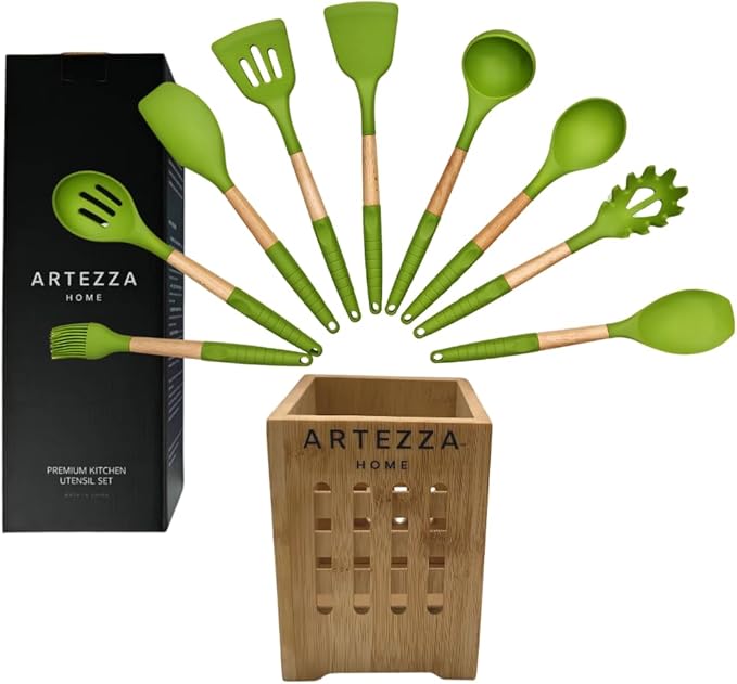 Premium Silicone Kitchen Utensil Set –10-Piece Cooking Tools with Wooden Handles and Bamboo Holder, Nonstick Safe, Heat Resistant, BPA-Free, Gift for Home or Housewarming (Green Set -10pcs)