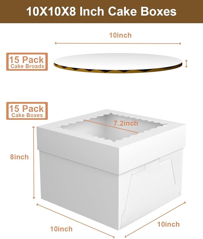 15 Pack Cake Boxes, 10x10x8 Inches Tall Cake Box with Cake Boards, White Bakery Boxes with Window, Disposable Cake Containers with Lids for Cake, Donuts, Pies, Cookies, Wedding, Birthday, Party